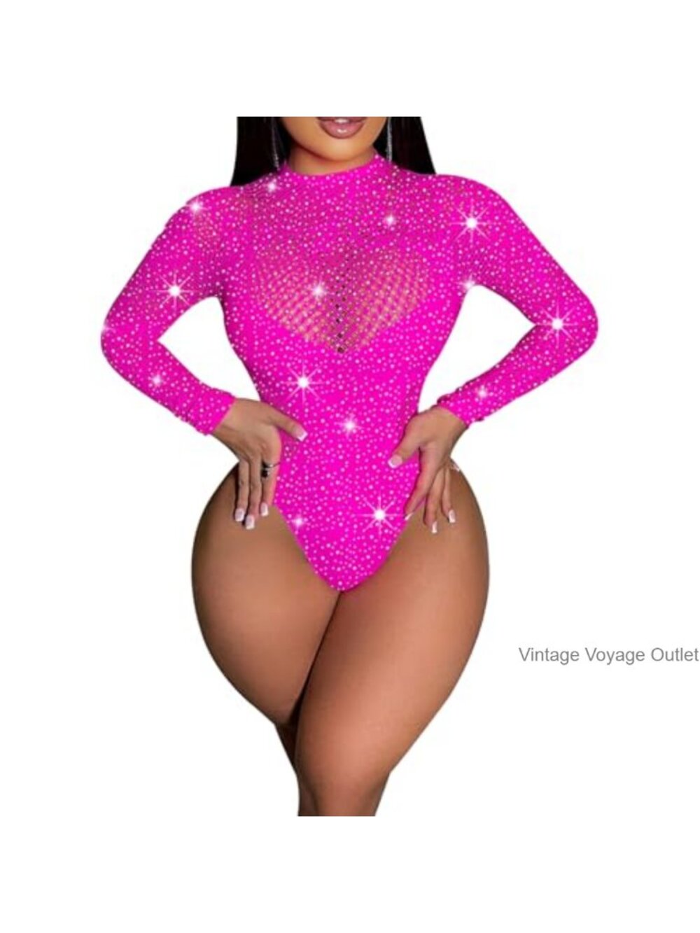 Fishnet Bodysuit Rhinestone Long Sleeve Mesh Leotard Sparkle Lingerie